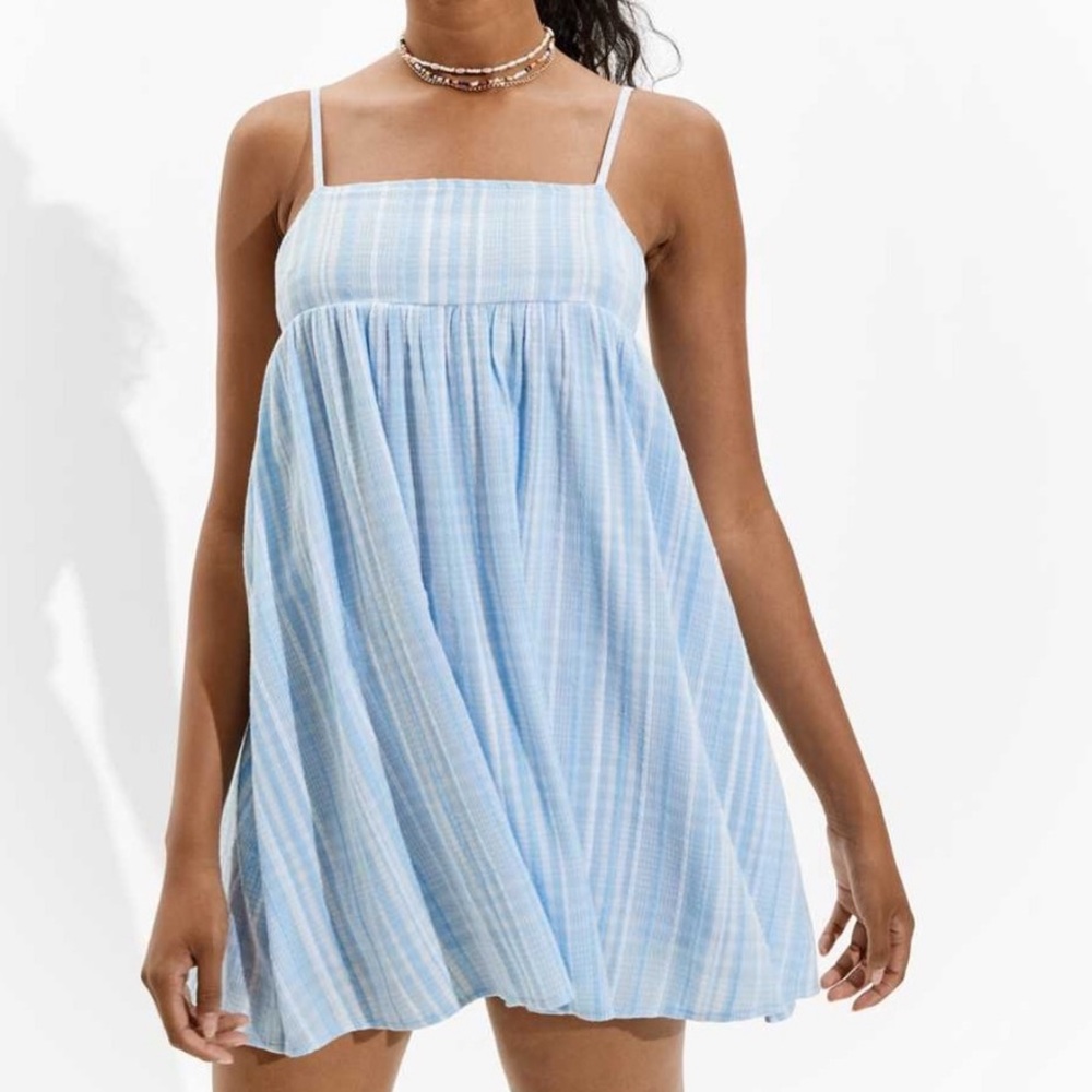 American Eagle Light Blue and White Striped Bow Back Dress